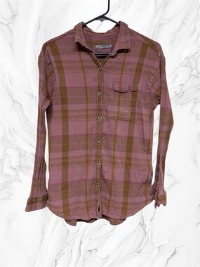 Prana aconic textured Pink and Brown Plaid Button-Down Shirt small